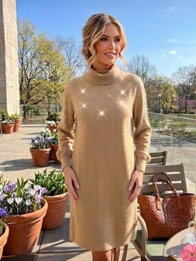 Natural Tan Long-Sleeve Knit Dress